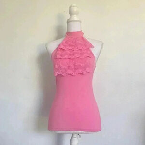 Pink vintage Lipstick lace ruffle halter top.